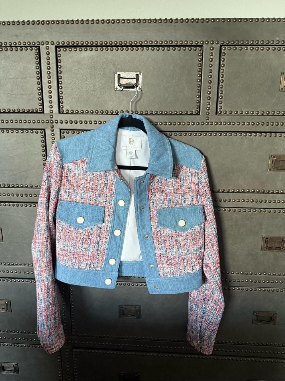 The cutest Cropped Pink & Blue Tweed Jacket with Denim Trim